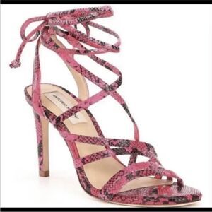 ANTONIO MELANI Vaylyn Snake Print Leather Lace Up Dress Sandals Pink & Blk 8.5